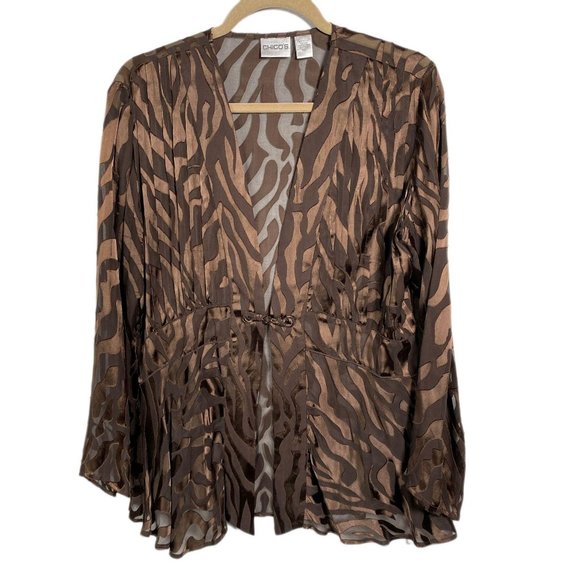Chico's Sheer Brown Animal Print Blouse Jacket - Picture 3 of 8